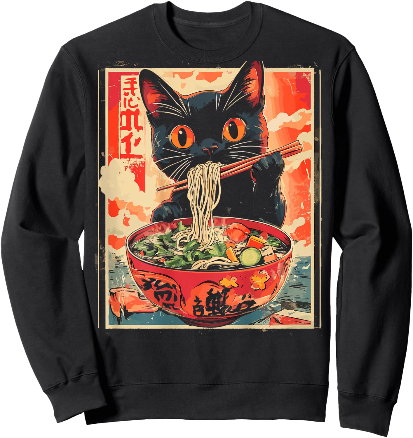 Cat Ramen Noodle Japanese Backprint , black Sweatshirt - Sweatshirt | Black