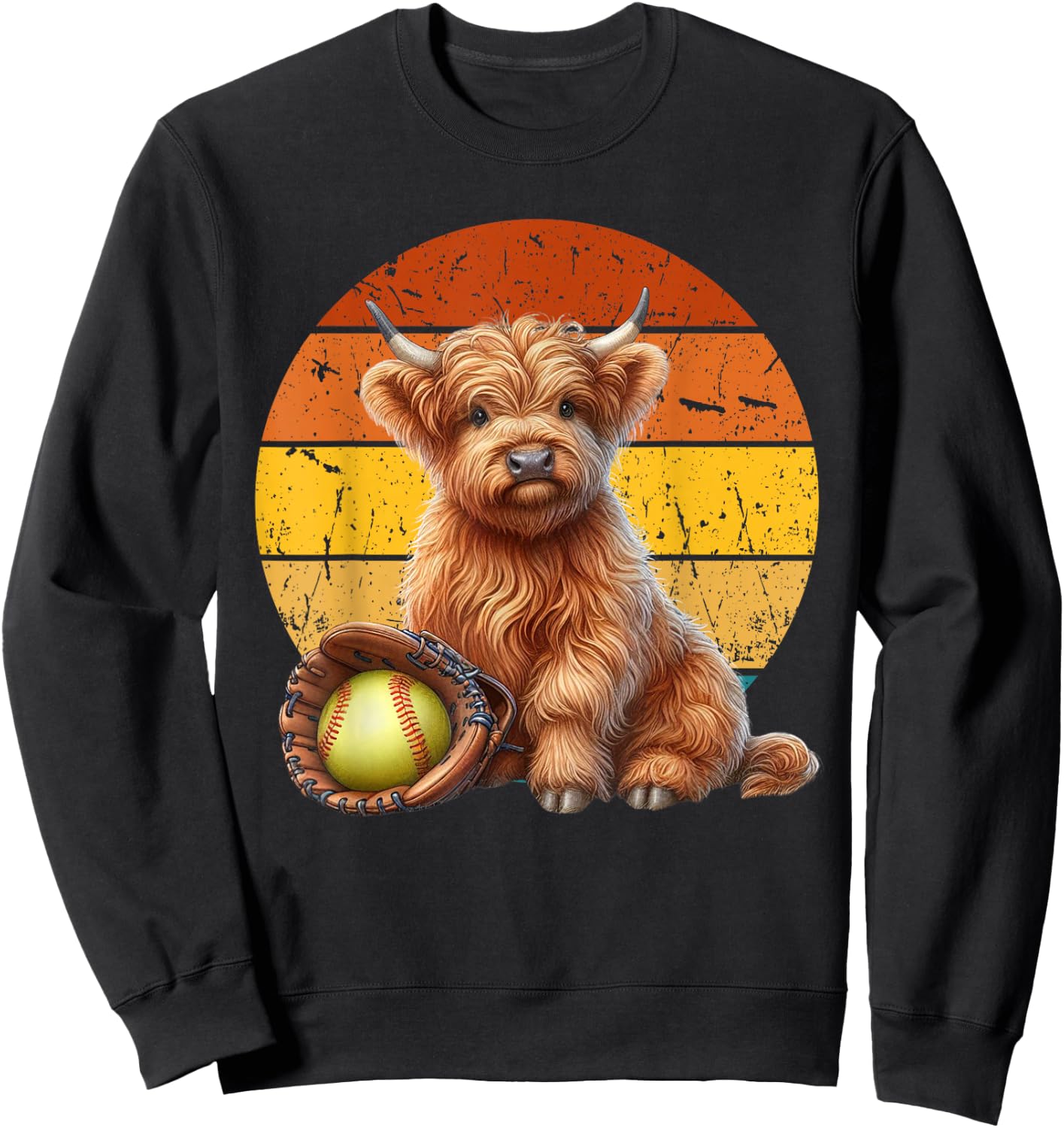Cute Highland Cow Softball , Retro Sunset Softball Sweatshirt - Sweatshirt | Black