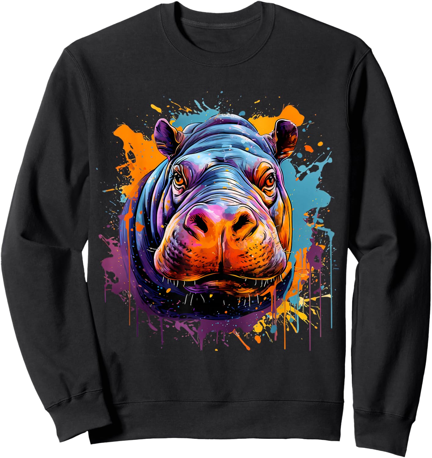 Hippo Hippopotamus Nature Portrait Colourful Splash Artwork Sweatshirt - Sweatshirt | Black