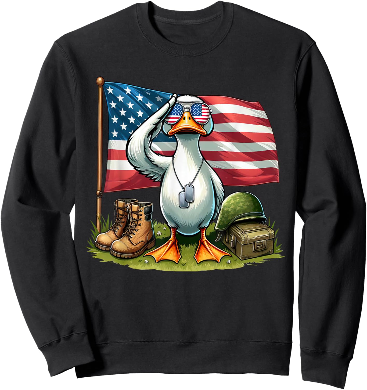 Salute Duck American USA Flag Memorial Day 4th of July Women Kids Men Sweatshirt - Sweatshirt | Black