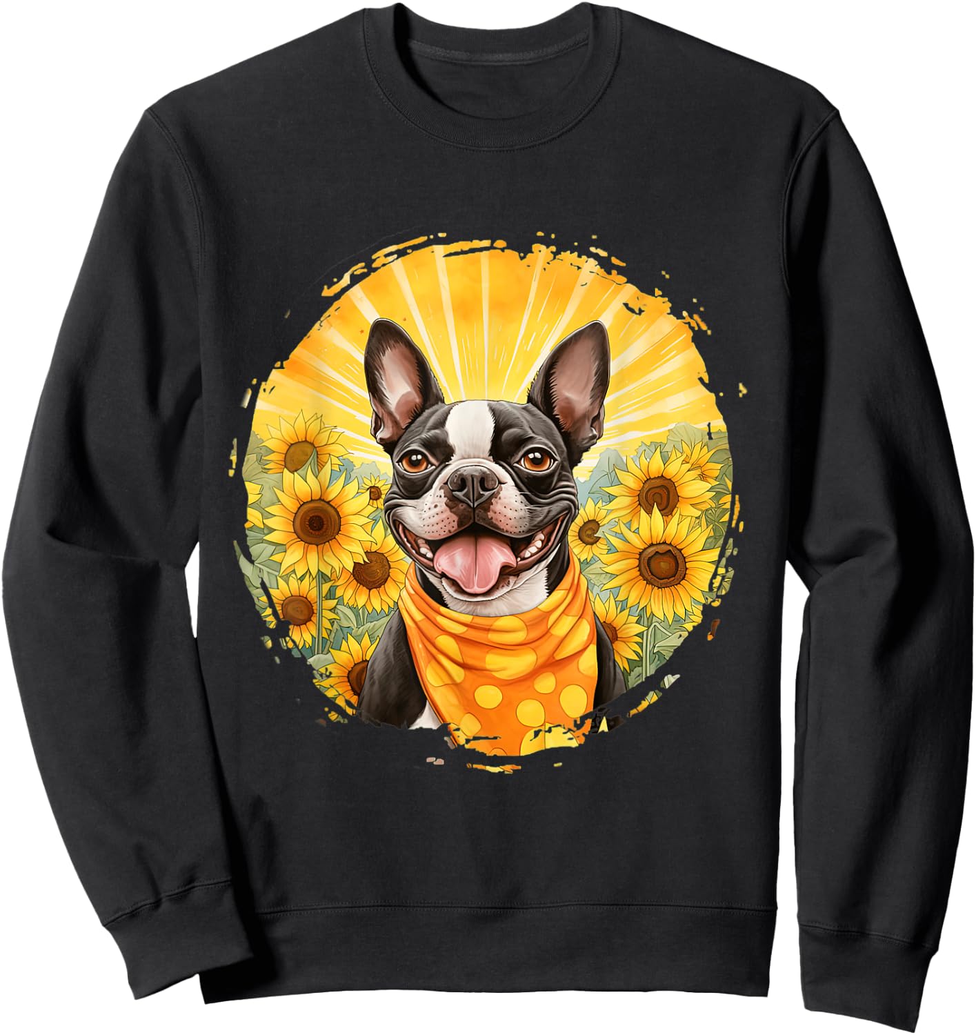 Boston Terrier Dog Vintage Bandana Headband Sunflower Field Men Women Sweatshirt - Sweatshirt | Black