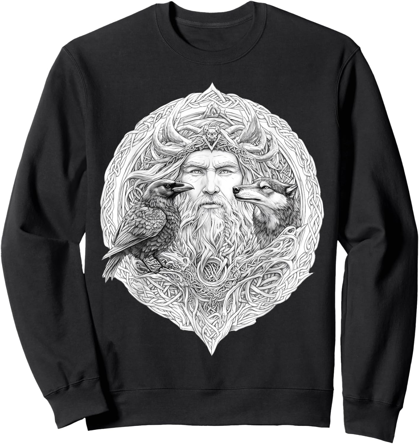 Odin Celtic Viking with Wolf and Odins Raven Valhalla Pagan Sweatshirt - Sweatshirt | Black