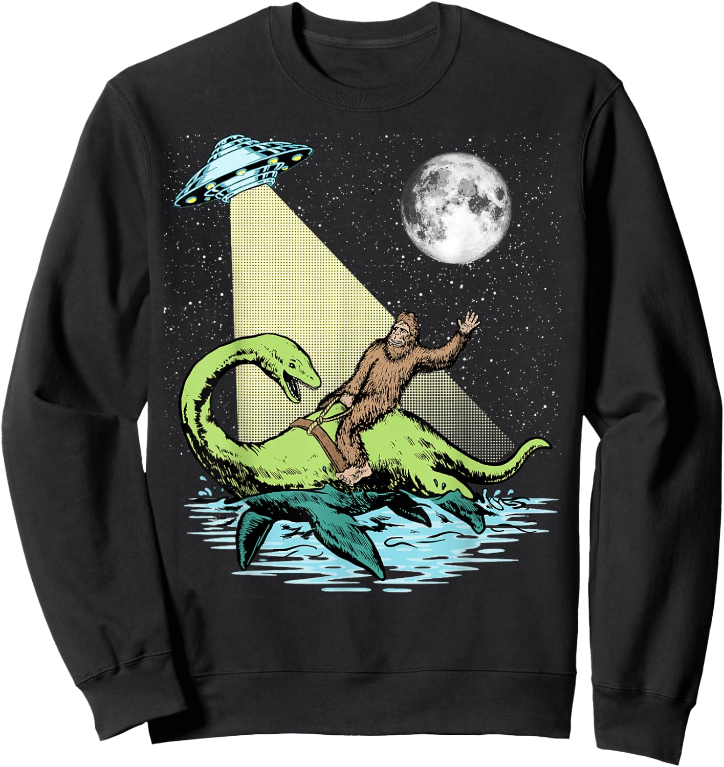 Bigfoot Riding Nessie & UFO Aliens At Night Funny Retro Sweatshirt - Sweatshirt | Black