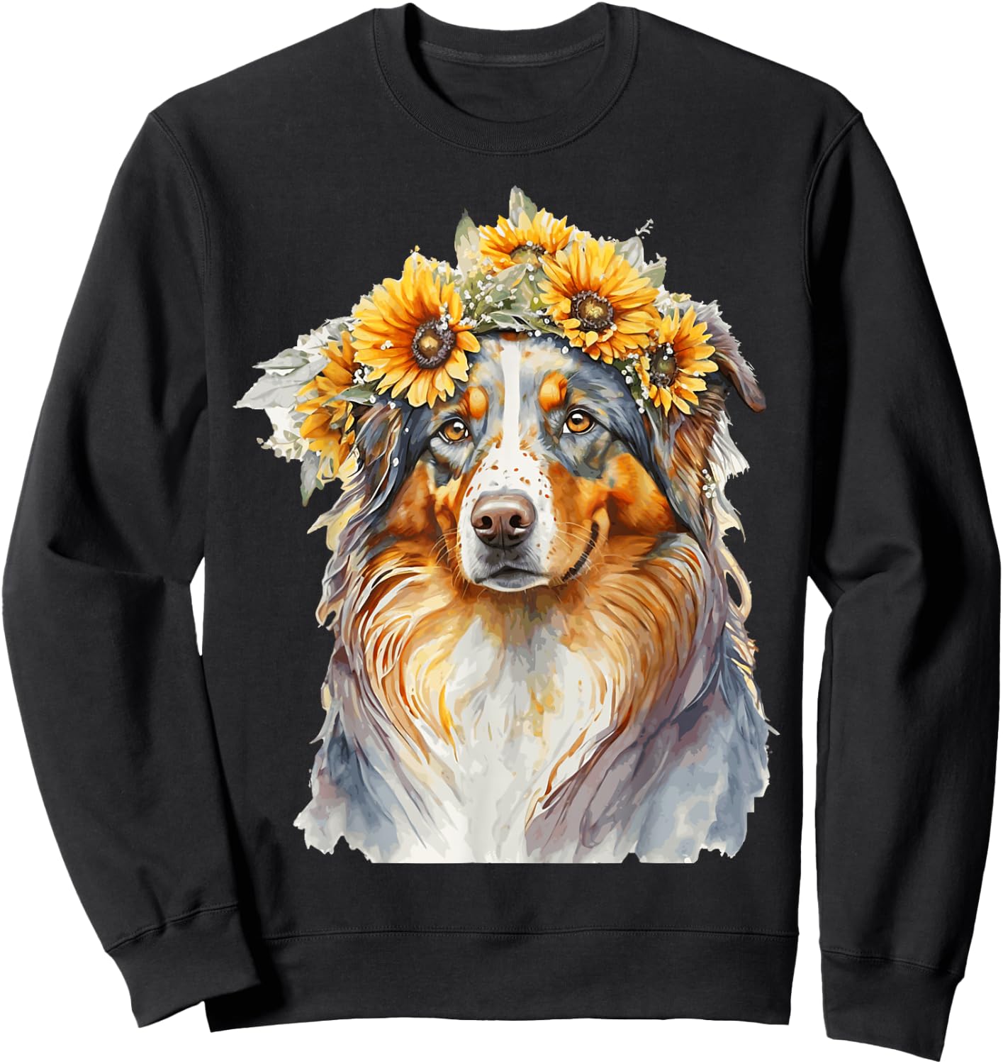 Watercolor Aussie Australian Shepherd Sunflower Dog Pet Sweatshirt - Sweatshirt | Black