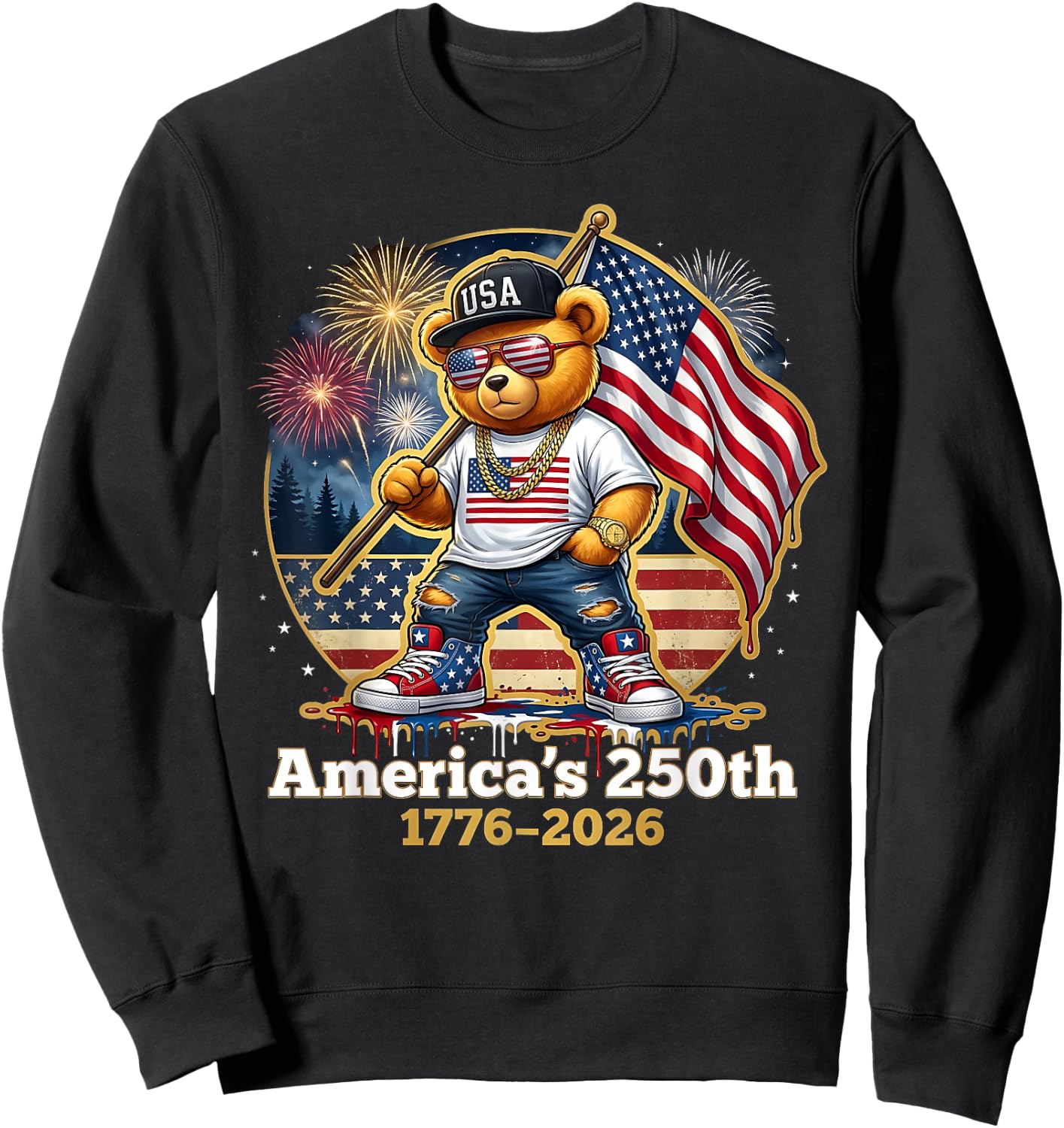 Patriotic Teddy Bear America's 250th Anniversary 1776 2026 Sweatshirt - Sweatshirt | Black