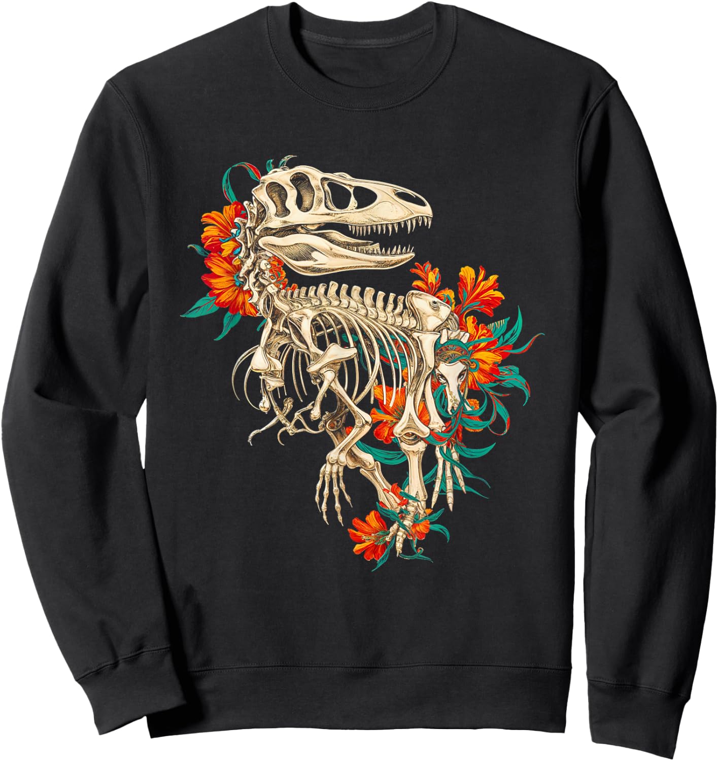 Rex Skeleton Dinosaur Floral Bones Paleontology Art Sweatshirt - Sweatshirt | Black