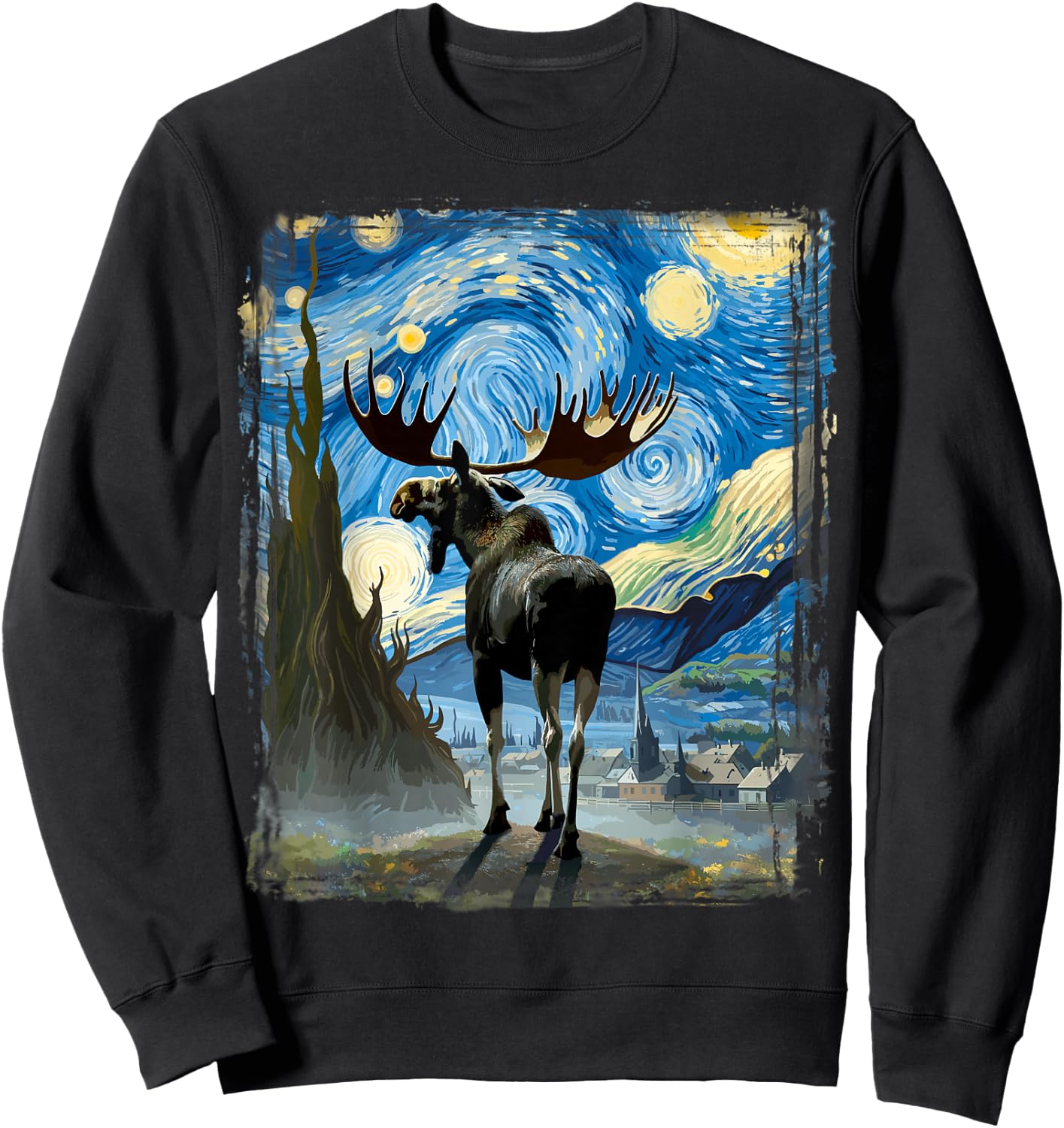 Moose Star Gazer Artistic Van Gogh Style Starry Night Moose Sweatshirt - Sweatshirt | Black
