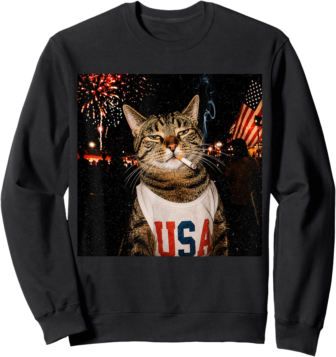 Patriotic Smoking Cat USA 4th of July Funny Cat Lover Sweatshirt - Sweatshirt | Black