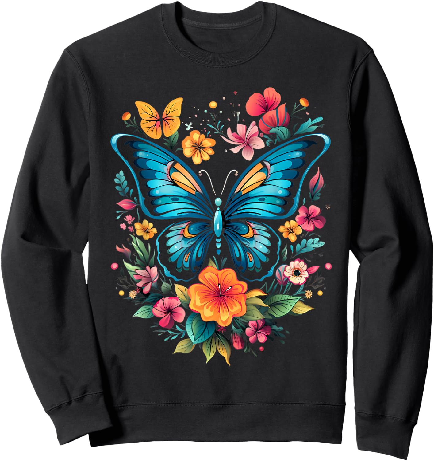 Butterfly with Flowers I Aesthetic Butterfly Sweatshirt - Sweatshirt | Black