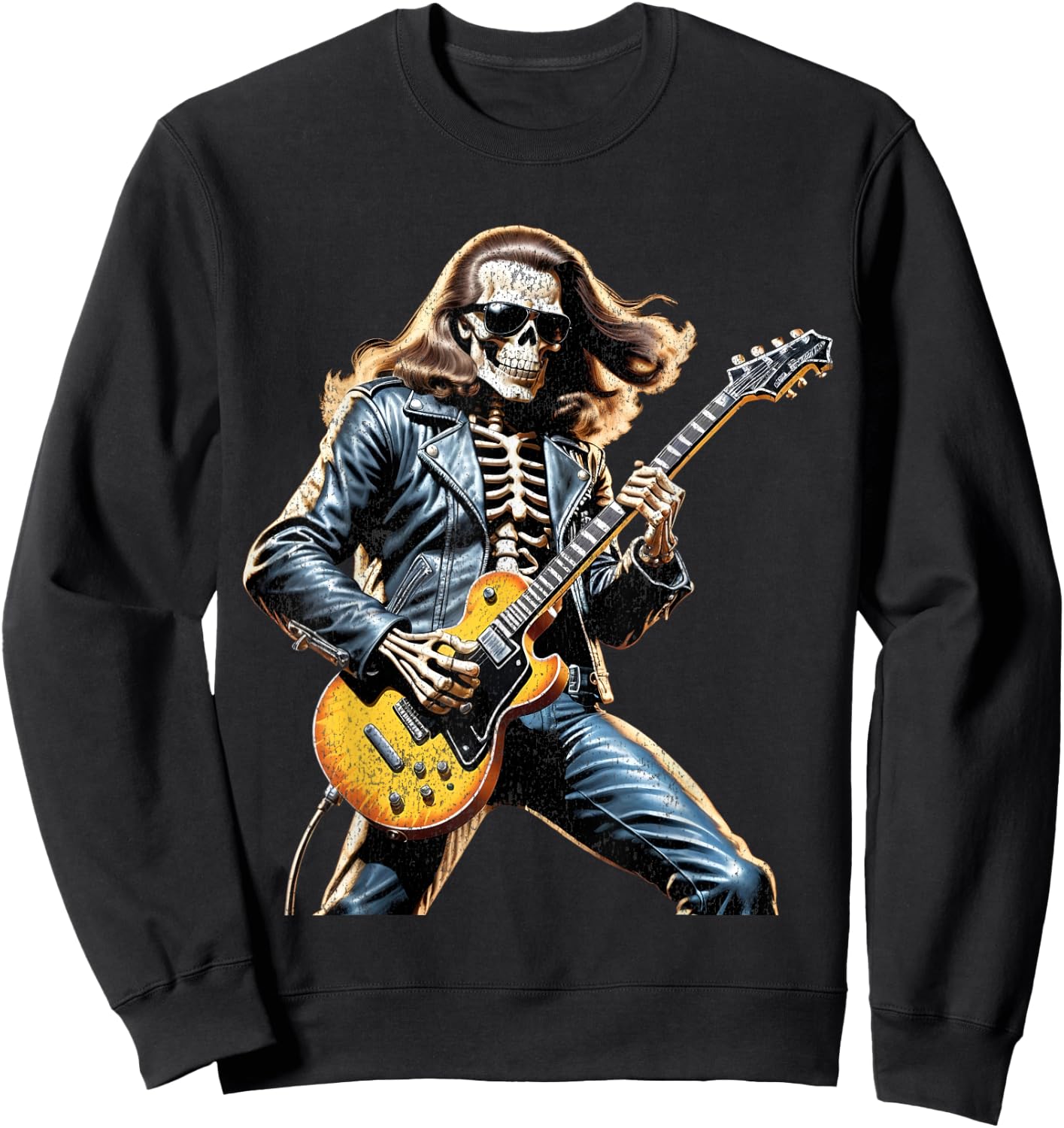 Skeleton Playing Guitar Rock and Roll Band Vintage Men Women Sweatshirt - Sweatshirt | Black