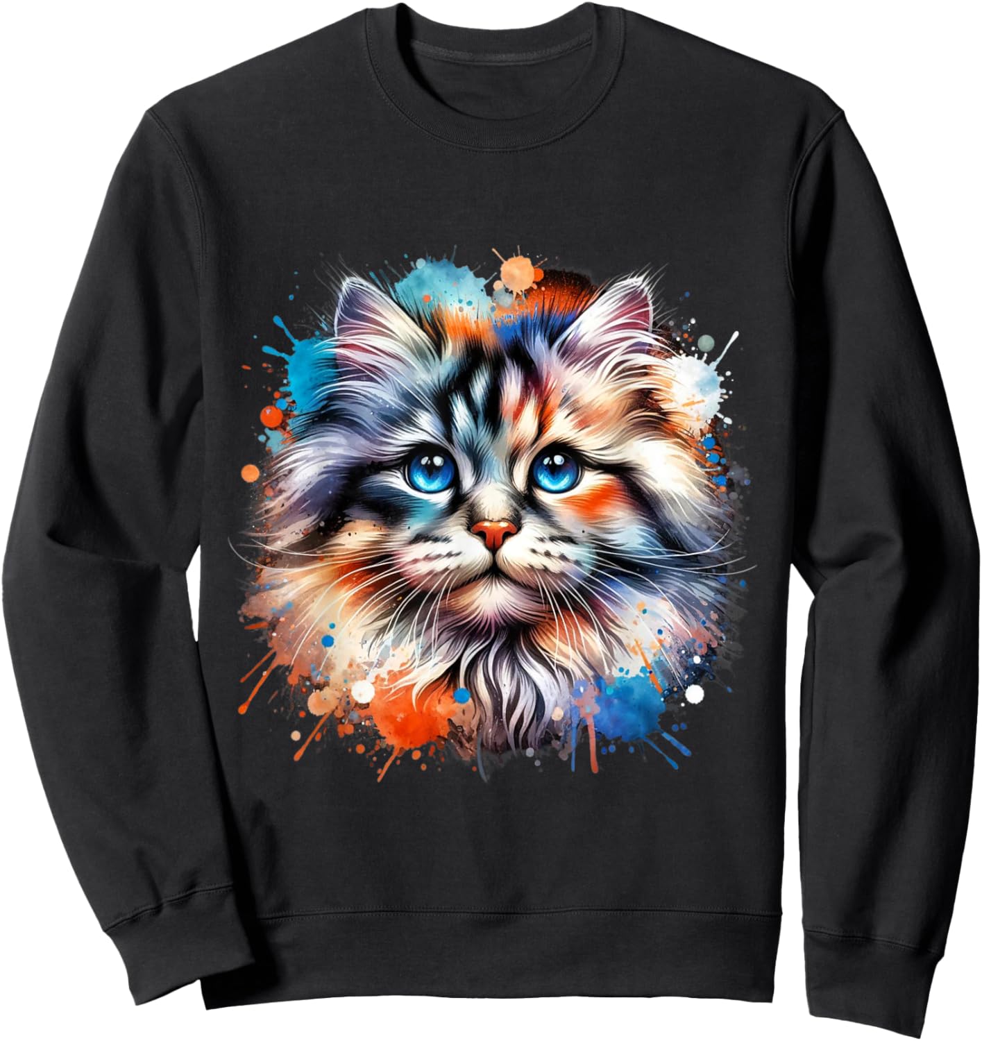 Watercolor Cat Art | Colorful Cat Design Cat Portrait Sweatshirt - Sweatshirt | Black