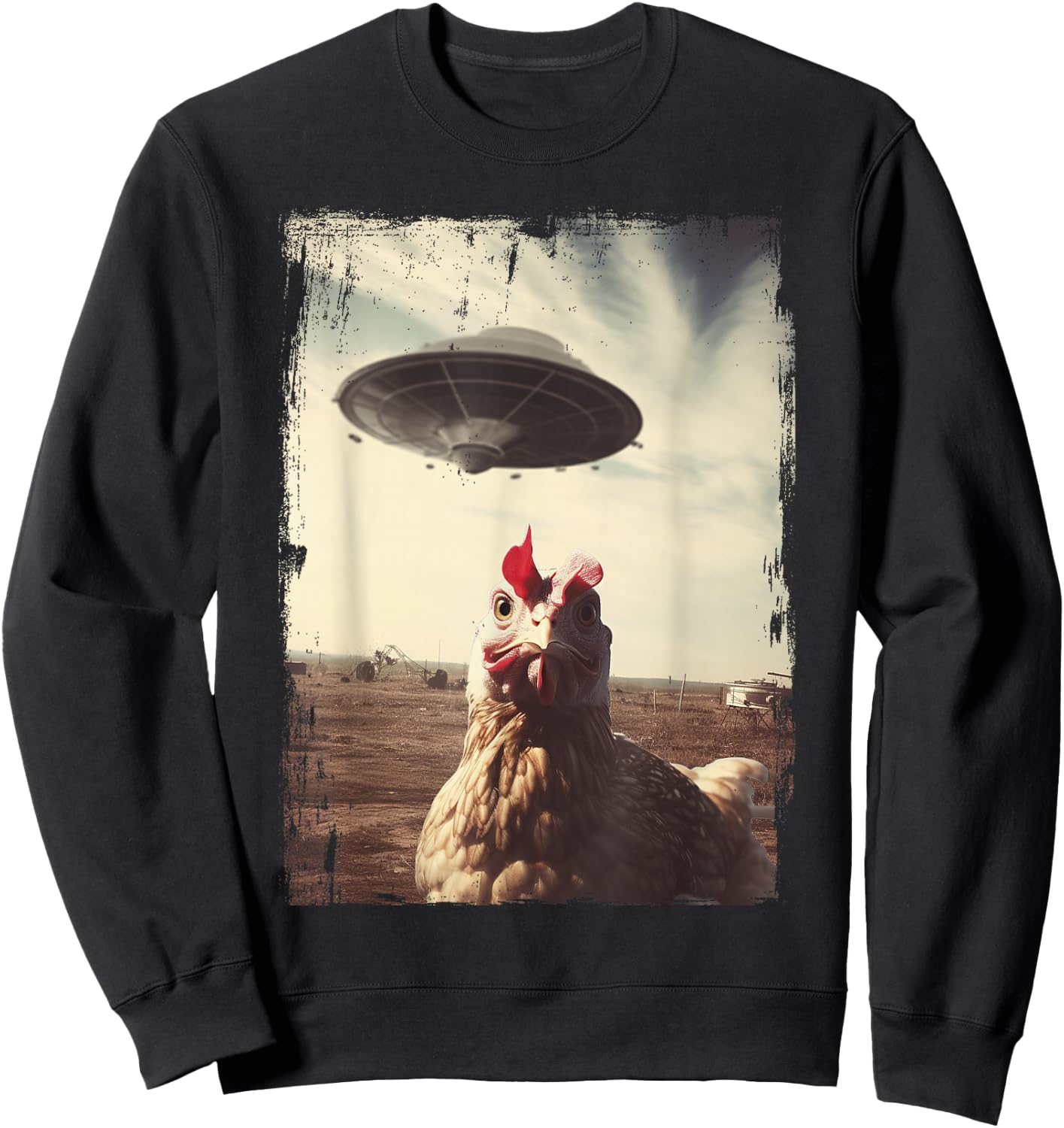 Weirdcore Chicken UFO Landing Graphic Sweatshirt - Sweatshirt | Black