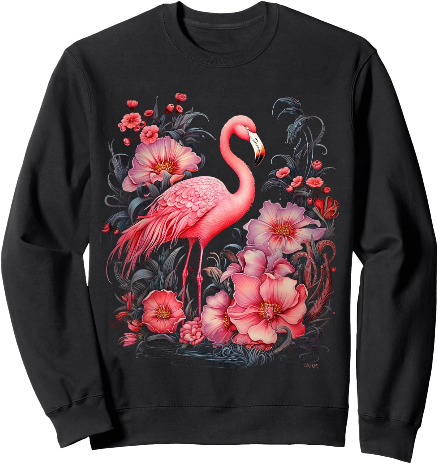 Flamingo and Flowers Floral Flamingos pink Sweatshirt - Sweatshirt | Black