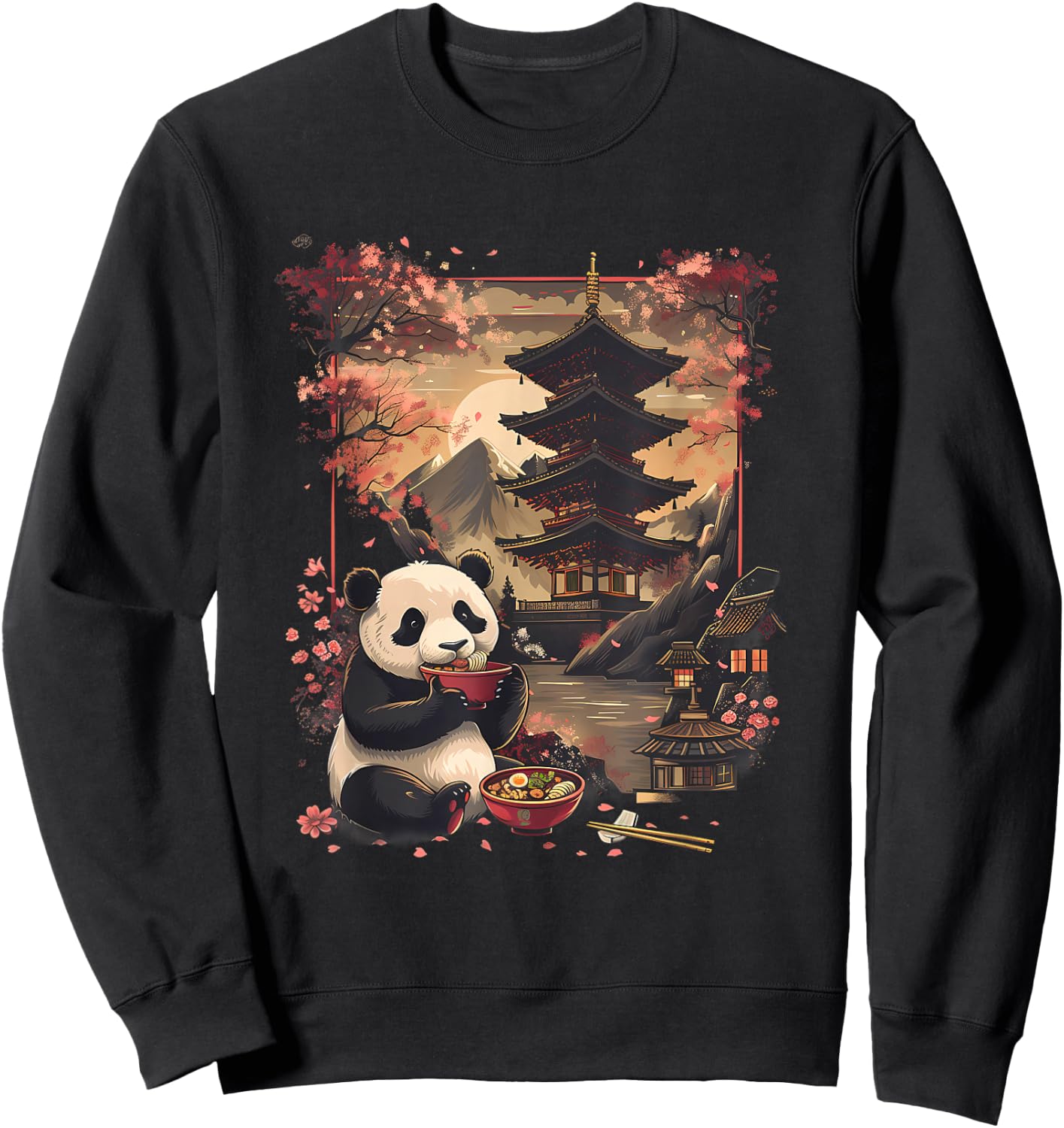 Panda Ramen Mount Fuji Pagoda Tower Sakura Panda Noodle Bowl Sweatshirt - Sweatshirt | Black