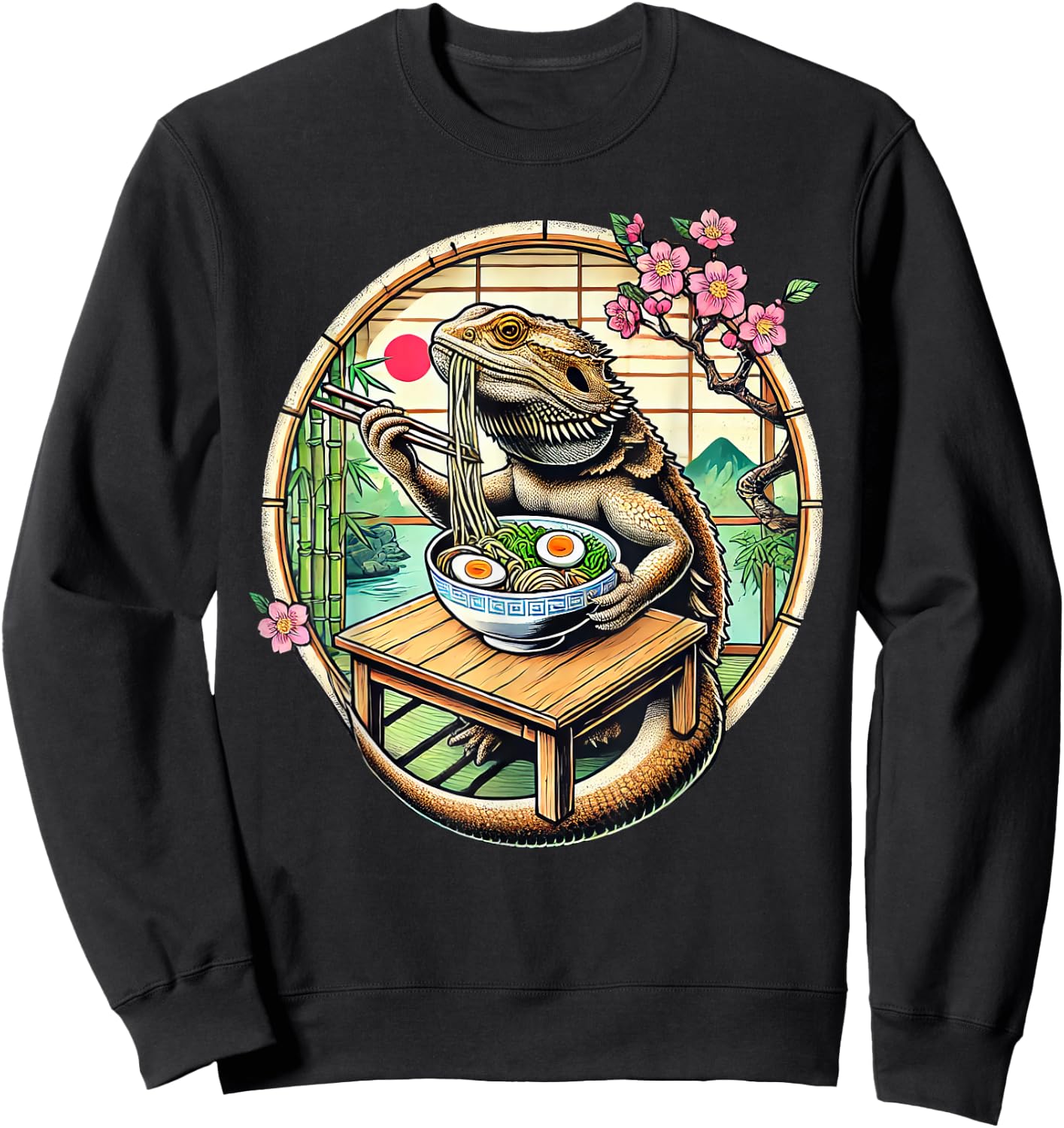 Kawaii Bearded Dragon Eating Ramen Noodles Japanese Sweatshirt - Sweatshirt | Black