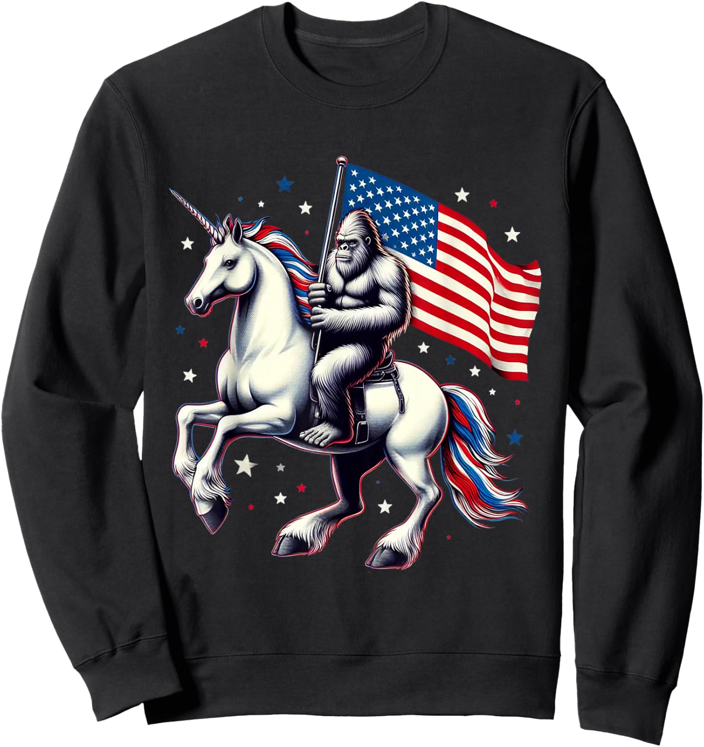 Bigfoot Sasquatch Riding Unicorn 4th Of July American Flag Sweatshirt - Sweatshirt | Black