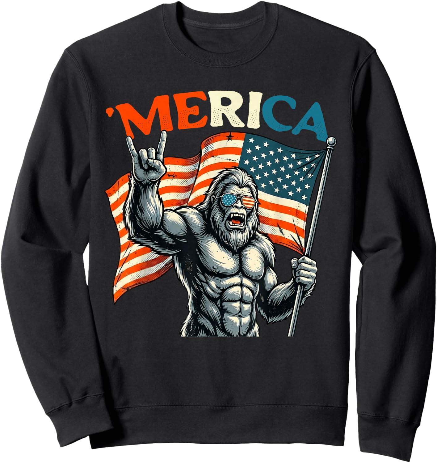 4th of July Bigfoot Sasquatch Merica Rock American Patriotic Sweatshirt - Sweatshirt | Black