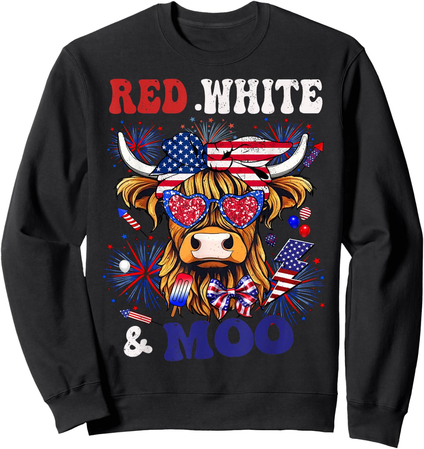 Highlander Cow 4th Of July American Red White Blue Moorica Sweatshirt - Sweatshirt | Black