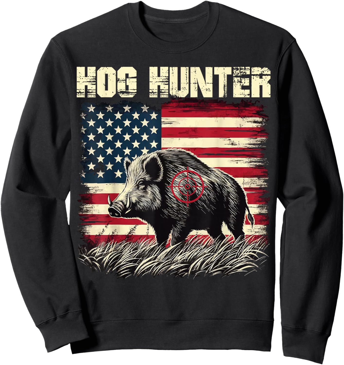 Hog Hunter American Flag Hog Hunting Boar Feral Pig Hunting Sweatshirt - Sweatshirt | Black