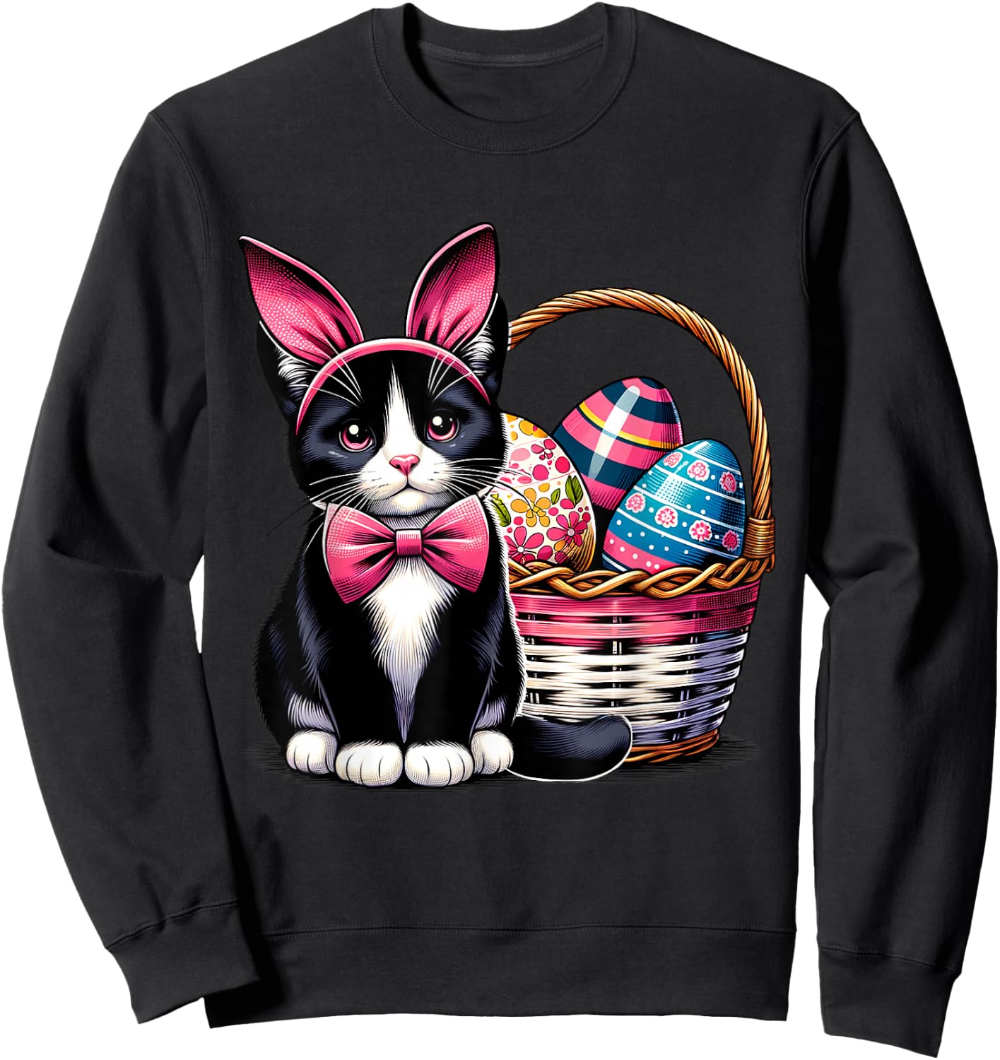 Cute Cat Kitty Easter Day Bunny Eggs Cat Lover Girls Sweatshirt - Sweatshirt | Black