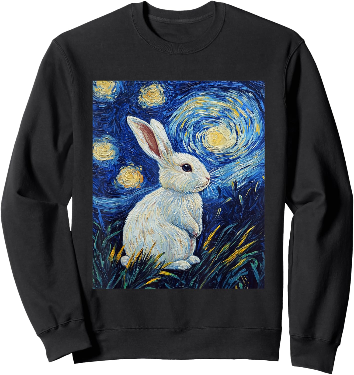 Bunny Rabbit Van Gogh Style Starry Night Cute Graphic Sweatshirt - Sweatshirt | Black