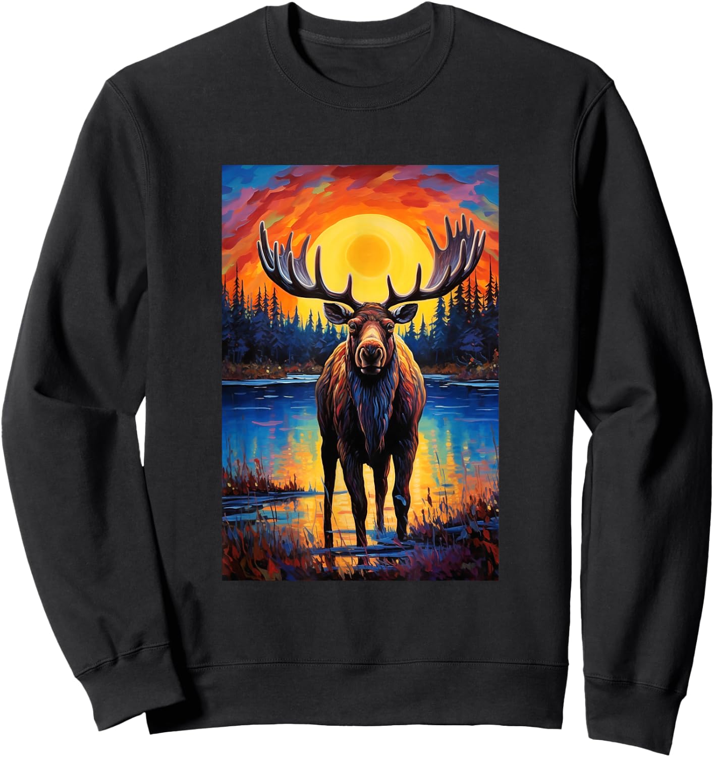 Moose Van Gogh Style Starry Night Graphic Sweatshirt - Sweatshirt | Black