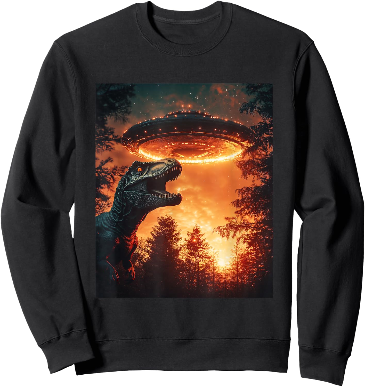 Trex Dinosaur Dino Selfie with UFOs Aliens Funny Graphic Sweatshirt - Sweatshirt | Black