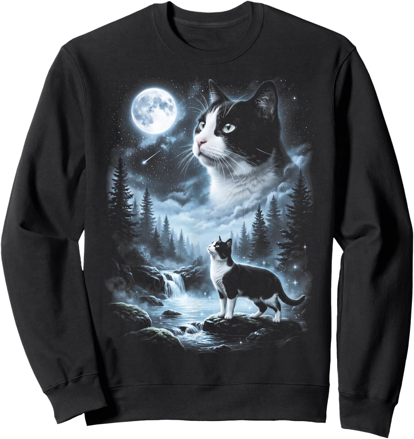 Tuxedo Cat Howling at Moon 90's Retro Sweatshirt - Sweatshirt | Black