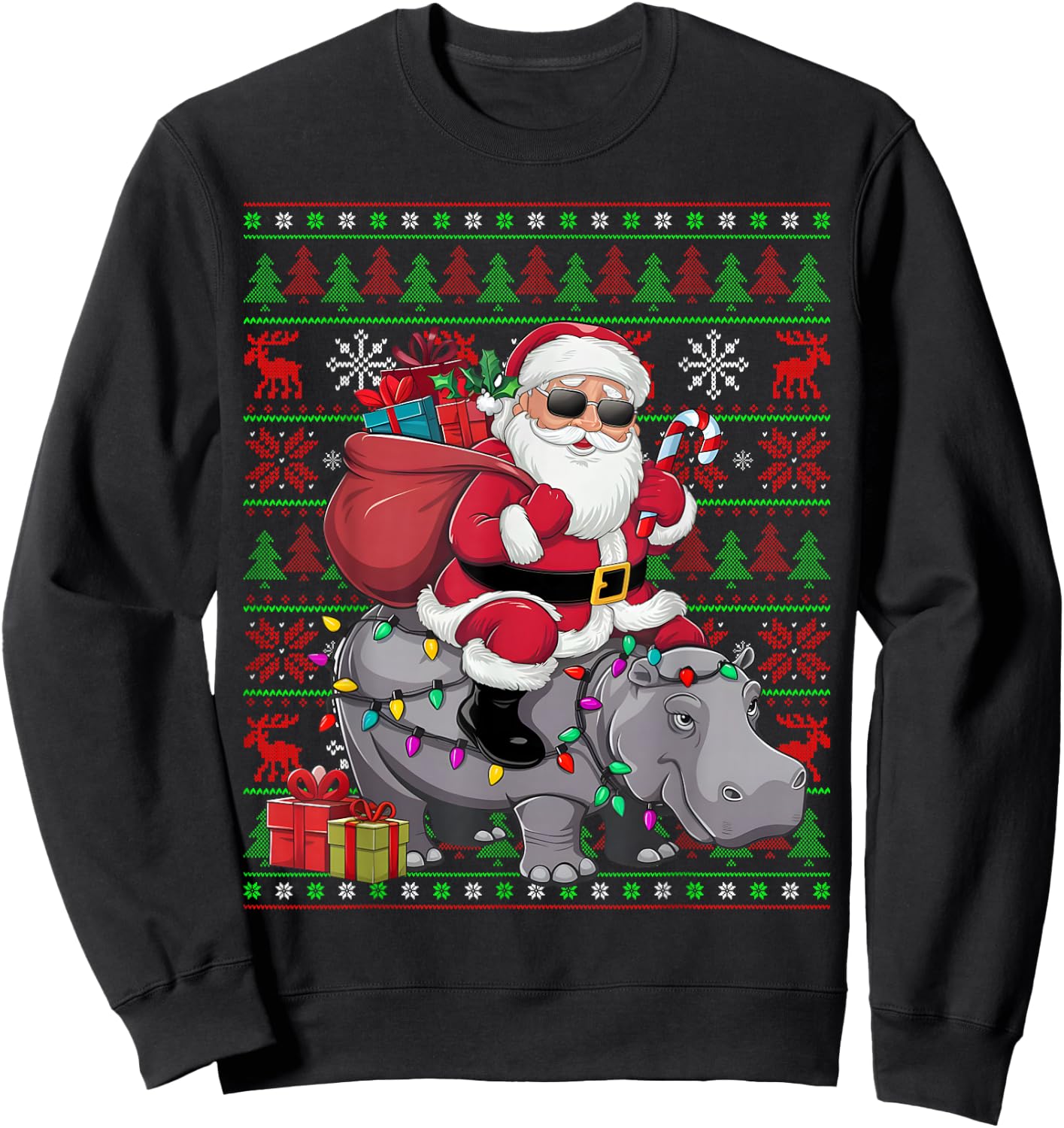 Ugly Xmas Lights Funny Santa Riding Hippo Christmas Sweatshirt - Sweatshirt | Black