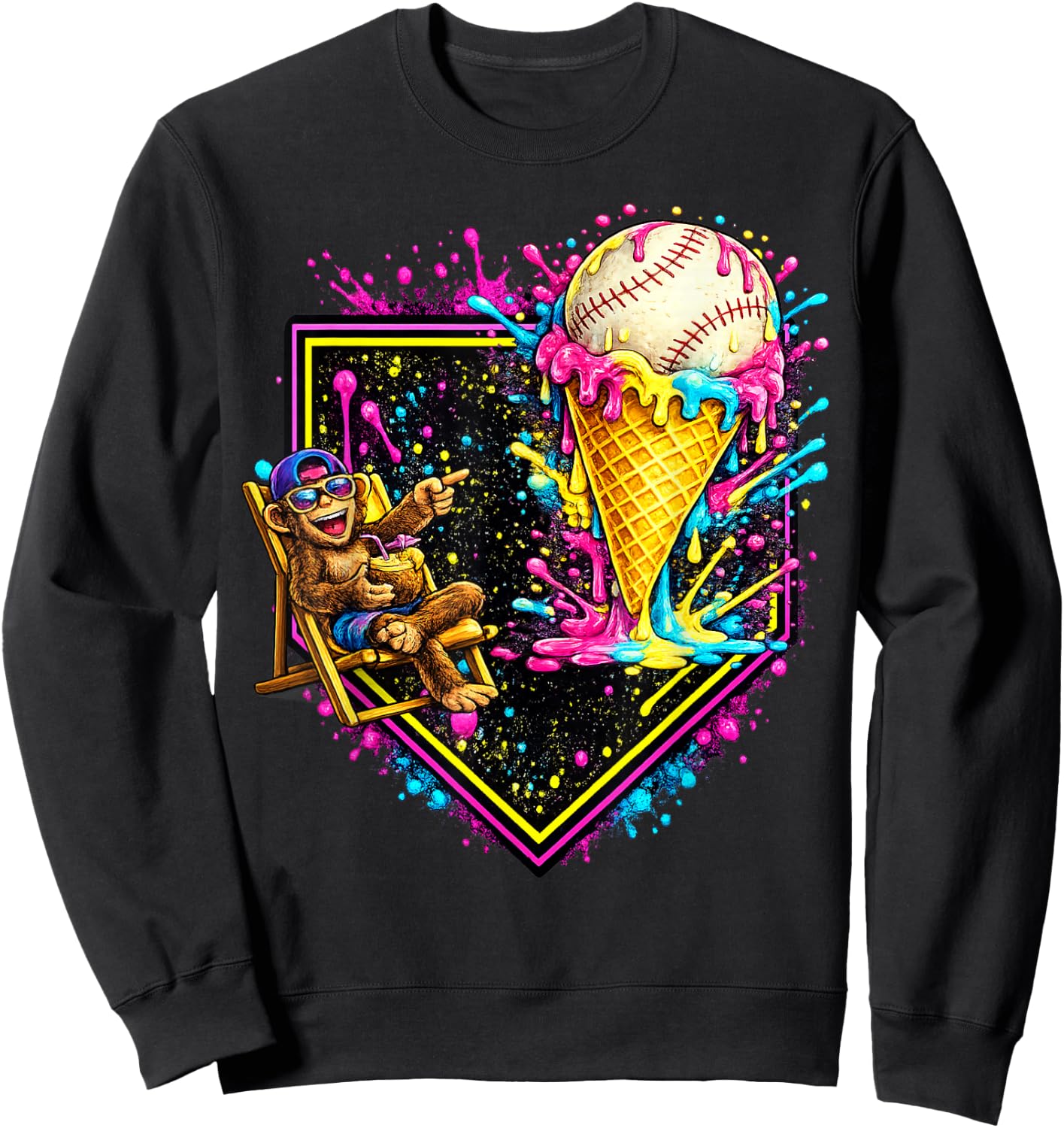 Monkey Funny Animals Baseball Ice Cream Drip Cool Sweatshirt - Sweatshirt | Black