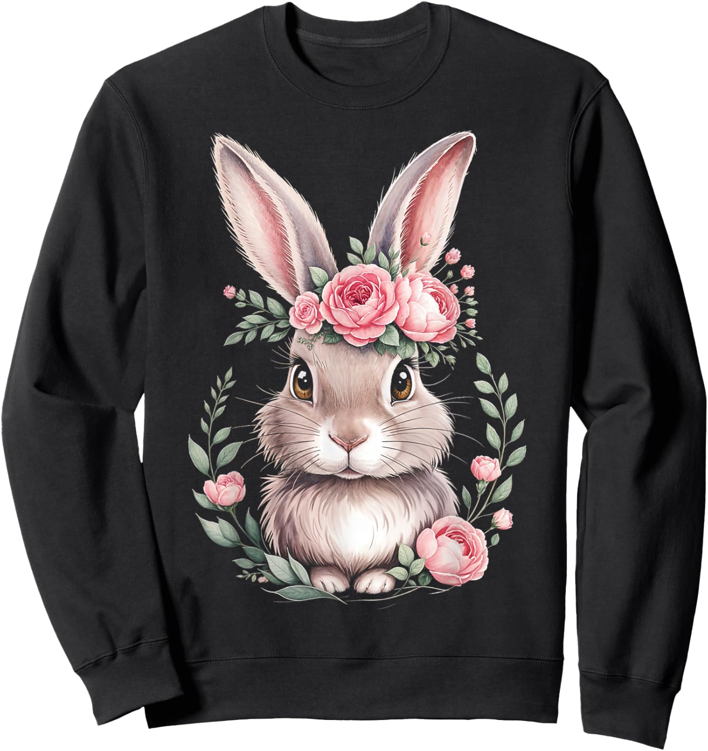 Bunny with Pink Rose Crown Watercolor Art Sweatshirt - Sweatshirt | Black