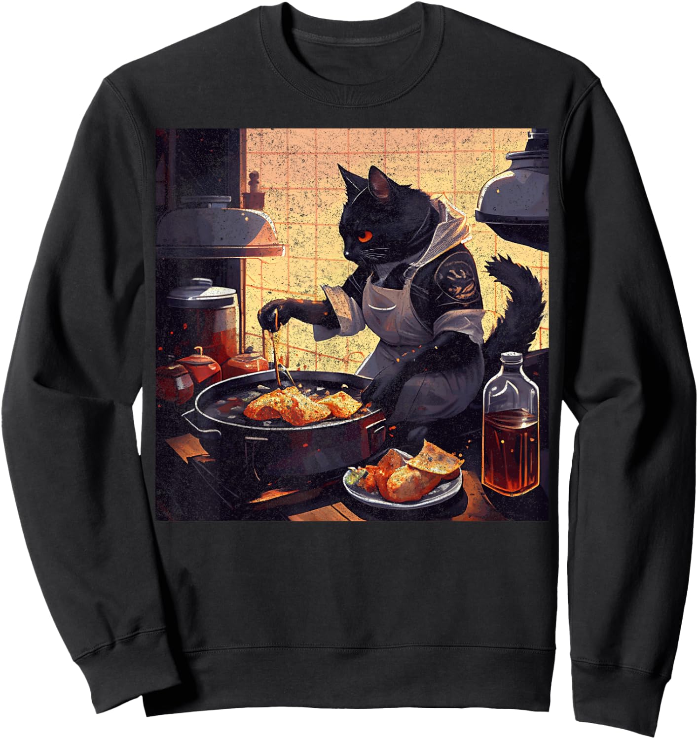 Black Cat Cooking Fried Chicken Men Women Girls Kids Sweatshirt - Sweatshirt | Black