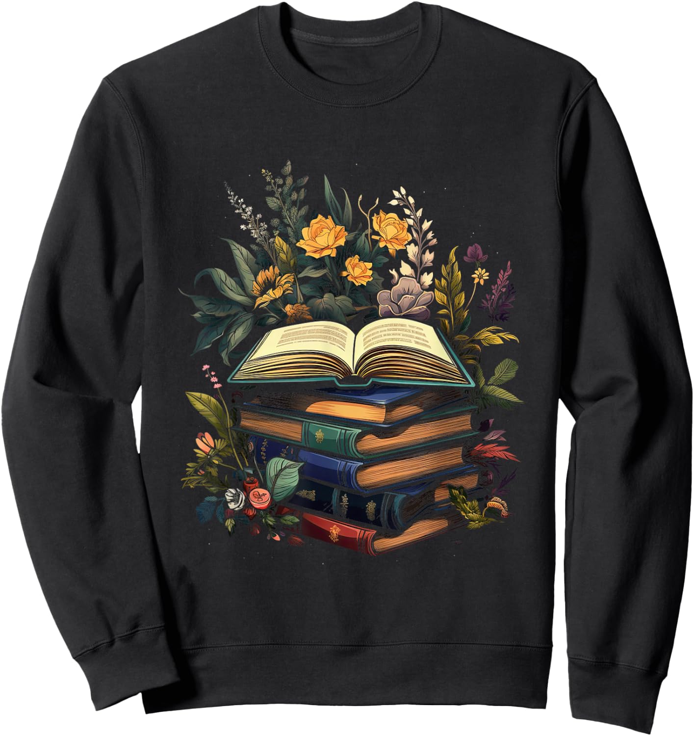 Minimalist Book with Flowers Nature Books Reading , black Sweatshirt - Sweatshirt | Black
