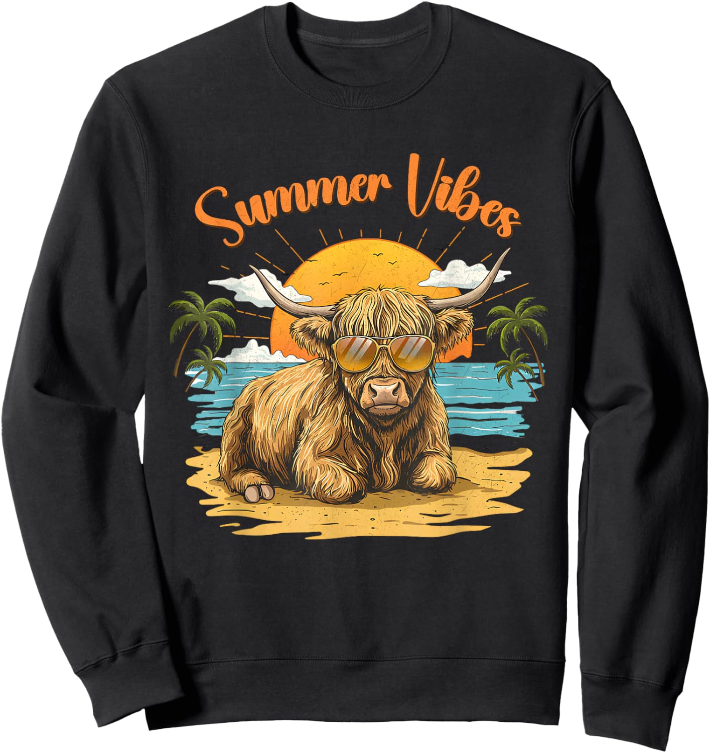 Funny Highland Cow Summer Vibes Beach Sunglasses Sweatshirt - Sweatshirt | Black