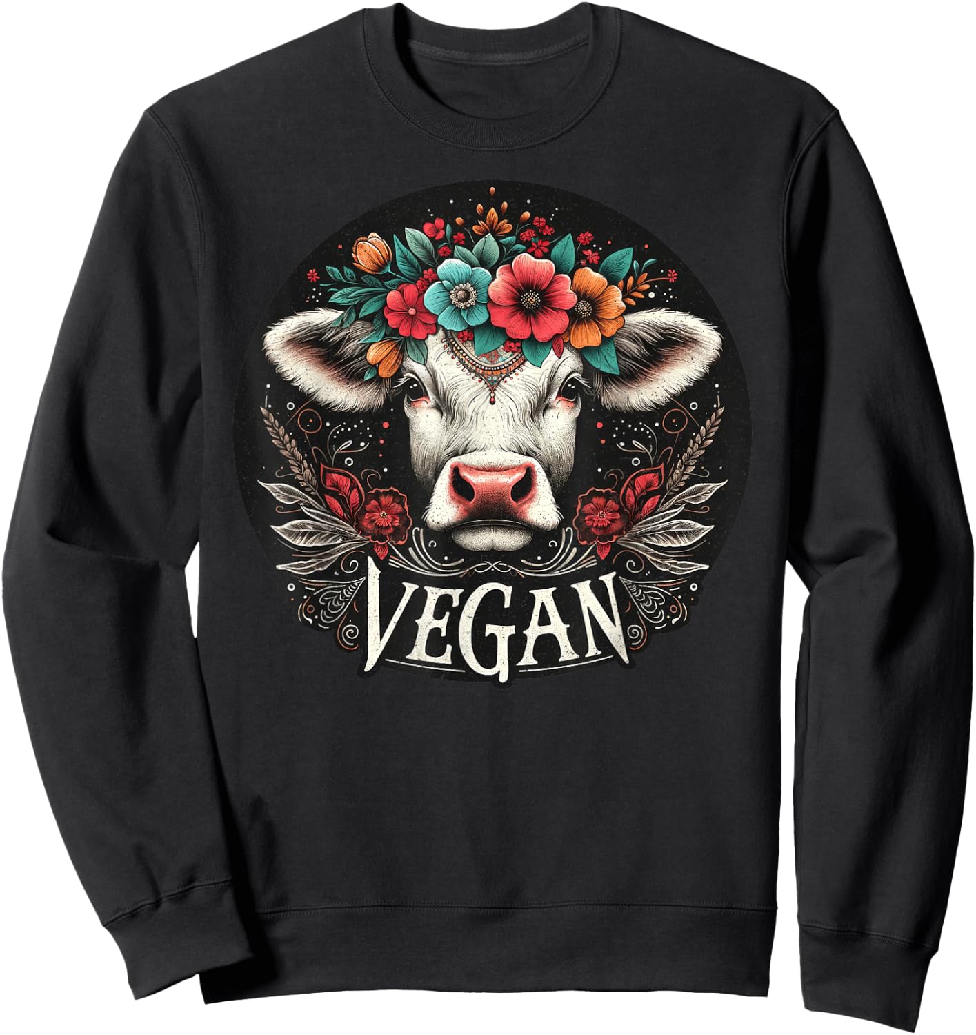 Cow with Flowers Vegan Boho – Vintage Cute Sweatshirt - Sweatshirt | Black