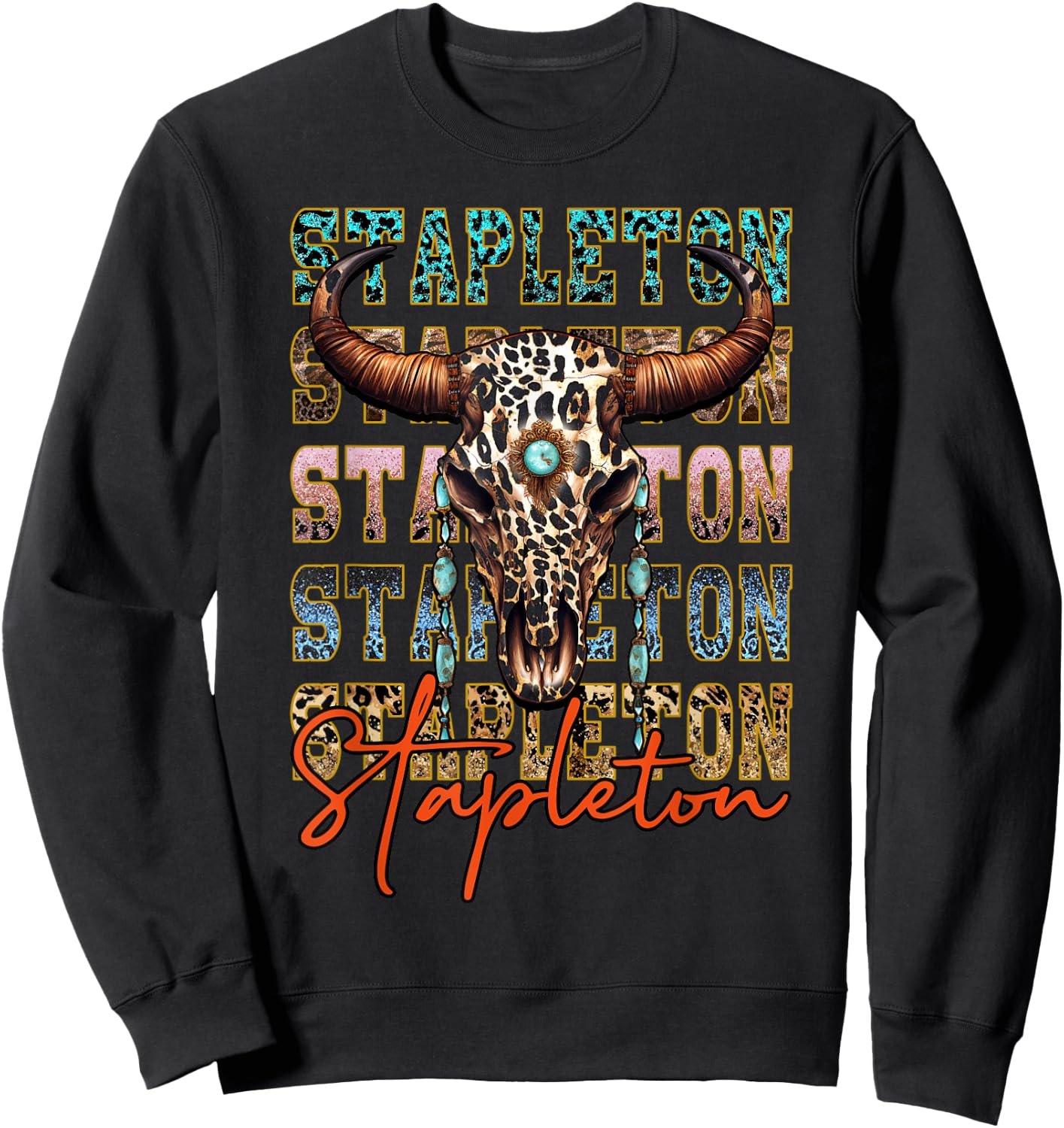 Vintage Stapleton Cow & Leopard Distressed Music Country 80s Sweatshirt - Sweatshirt | Black
