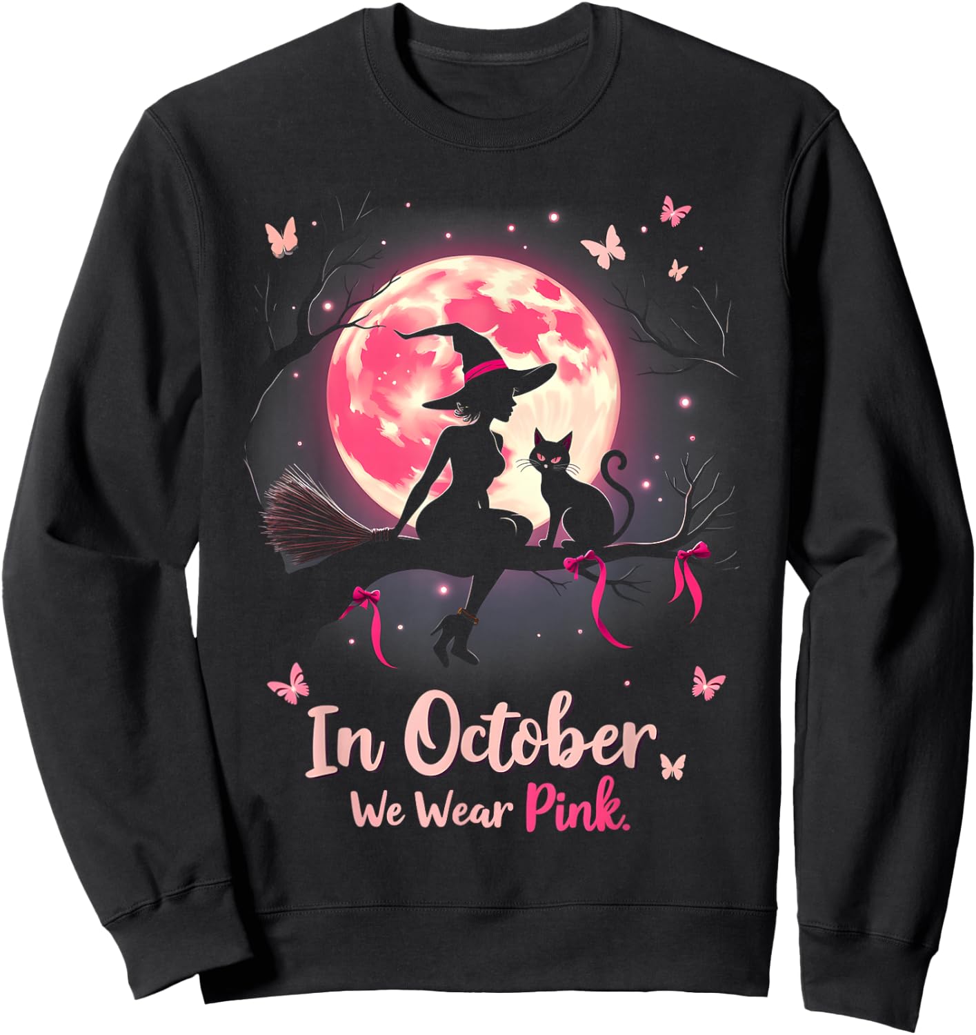 In October We Wear Pink Halloween Witch Breast Cancer Sweatshirt - Sweatshirt | Black