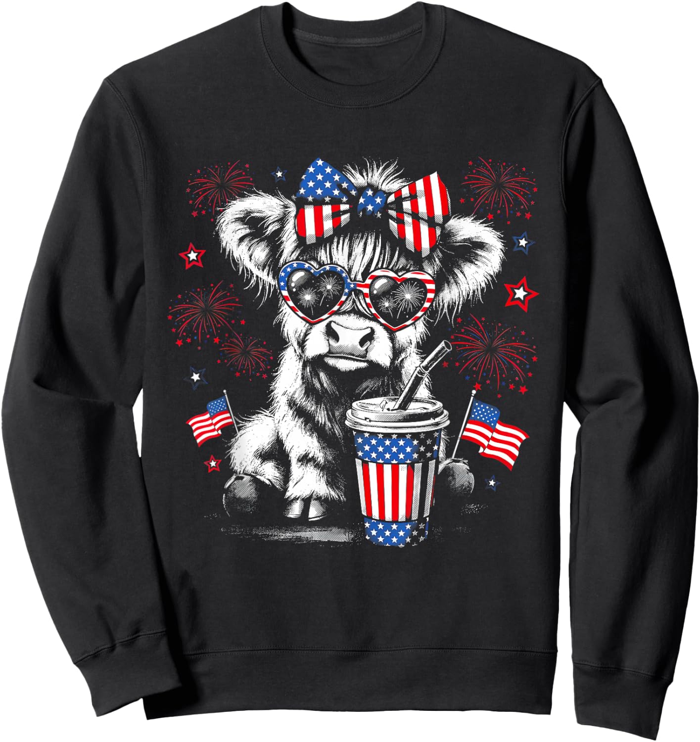 Patriotic Bow Sunglasses Highland Cow Fireworks USA Flag Sweatshirt - Sweatshirt | Black