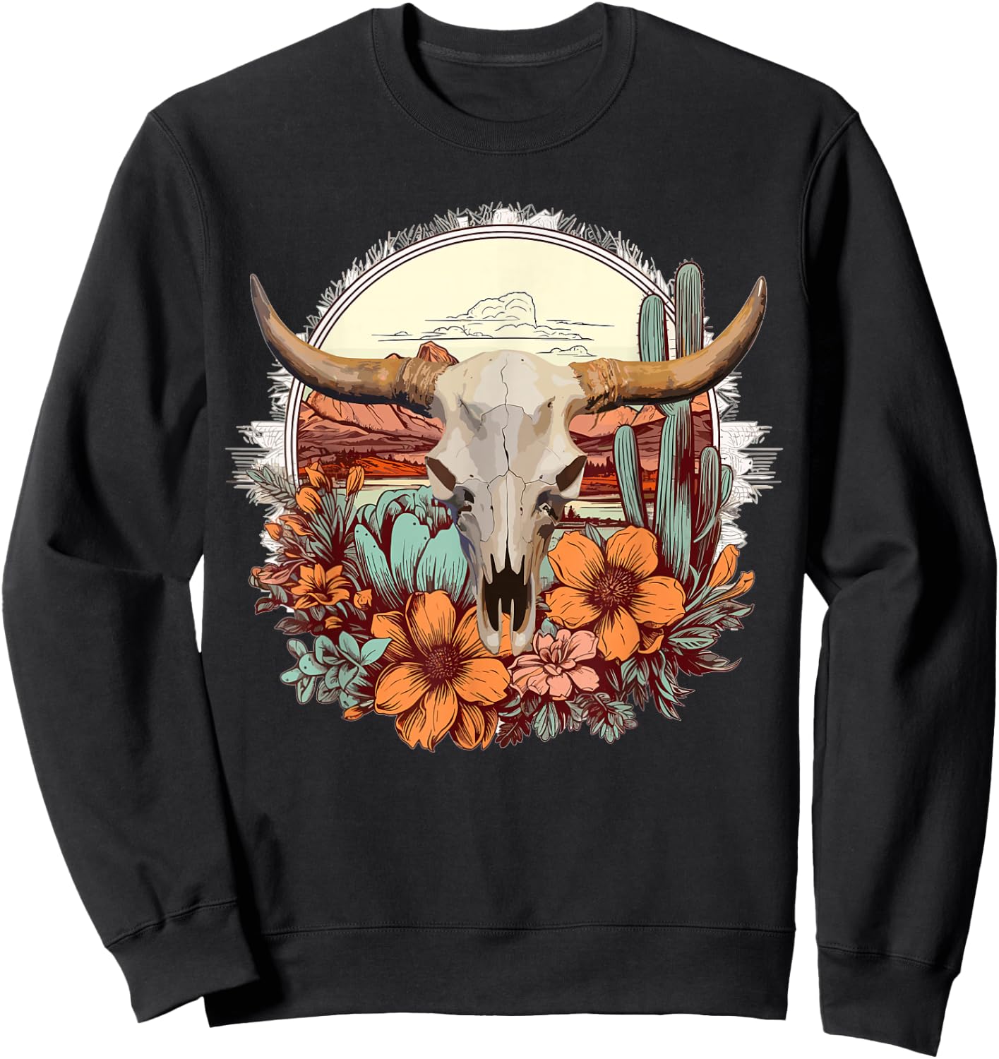 Cow Skull Vintage Boho Cowgirl Cactus Flowers Western Rodeo Sweatshirt - Sweatshirt | Black