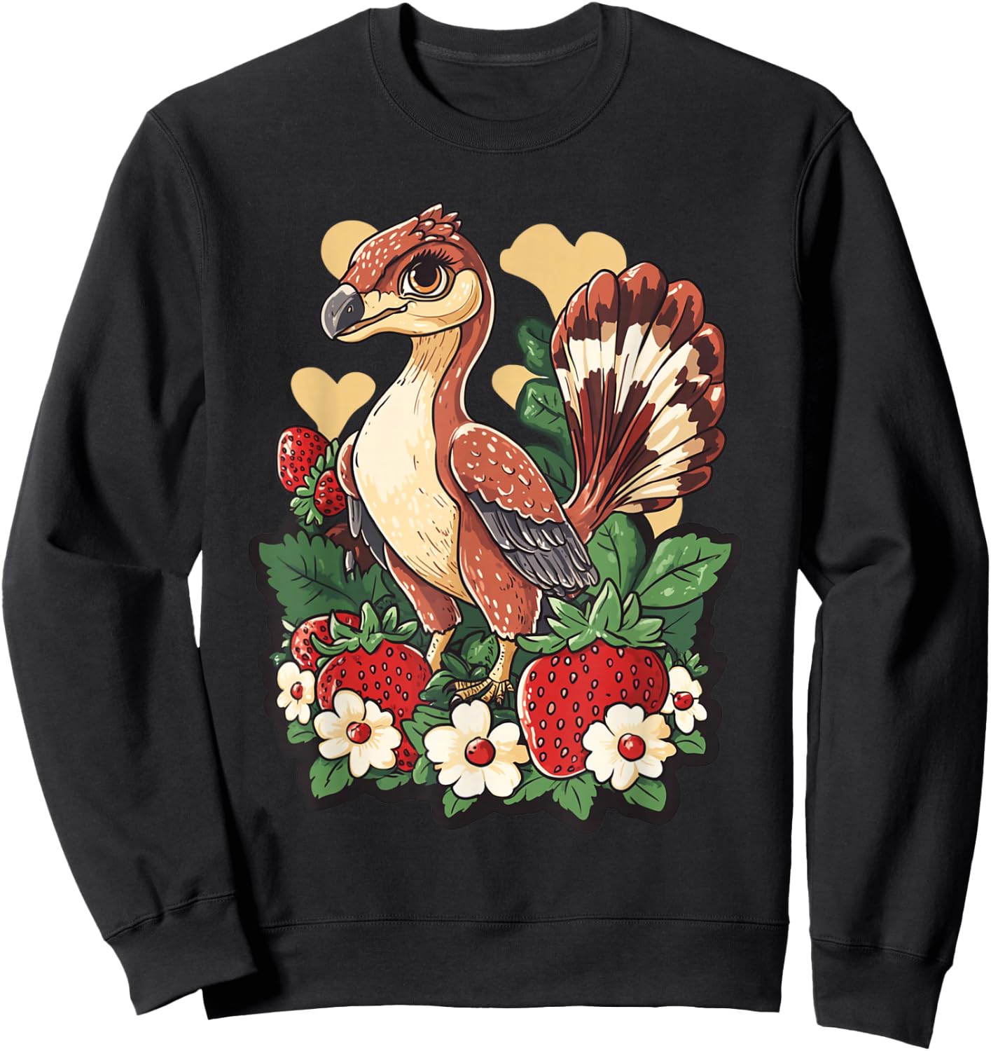 Anchiornis Dinosaur with Strawberries Dino Lover Sweatshirt - Sweatshirt | Black