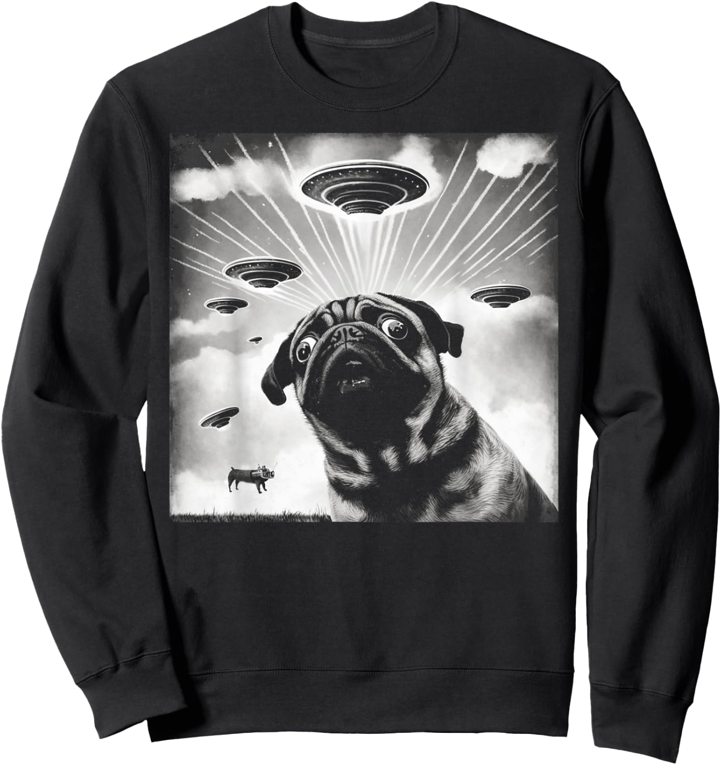 UFO Flying Alien UAPs Funny Pug Selfie Retro Sweatshirt - Sweatshirt | Black