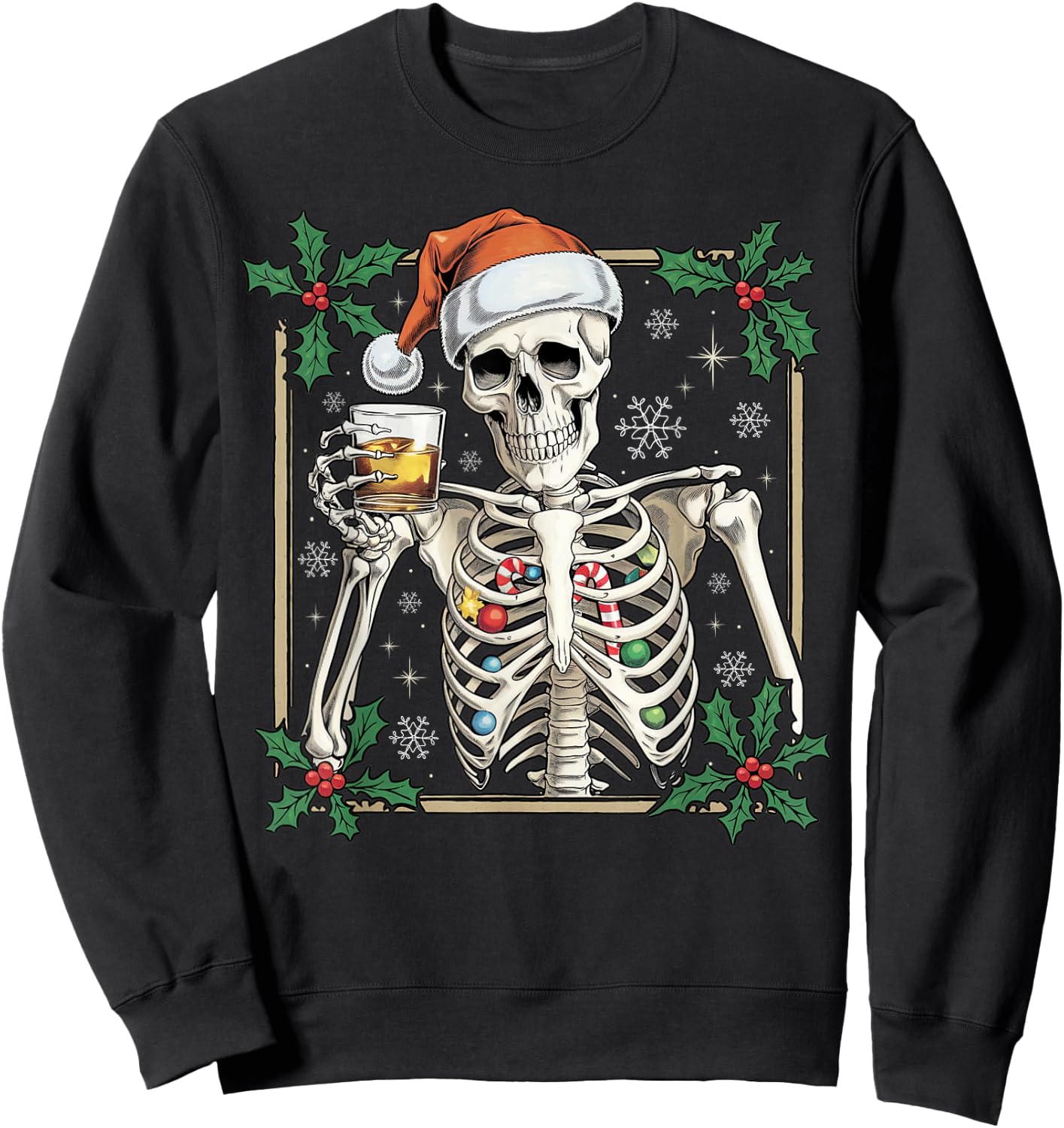 Funny Skeleton Santa Hat Drinking Bourbon Whiskey Christmas Sweatshirt - Sweatshirt | Black