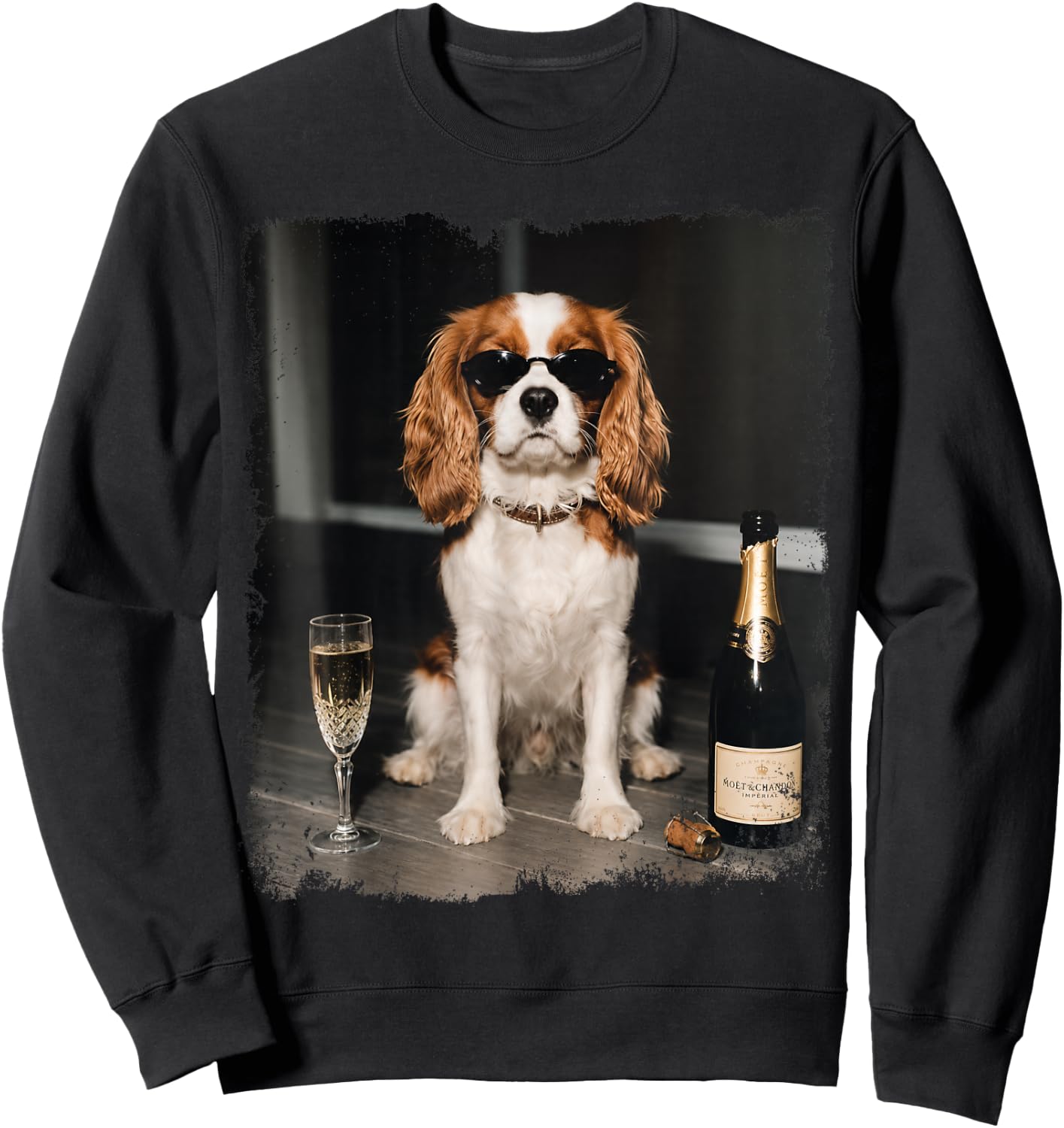Funny Dog Meme Cavalier King Charles Drinking Champagne Sweatshirt - Sweatshirt | Black