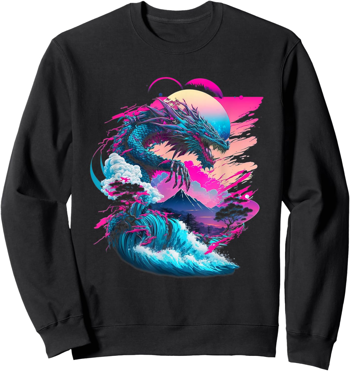 Dragon Vaporwave Abstract Landscape Moon Tree Waterfall Sweatshirt - Sweatshirt | Black