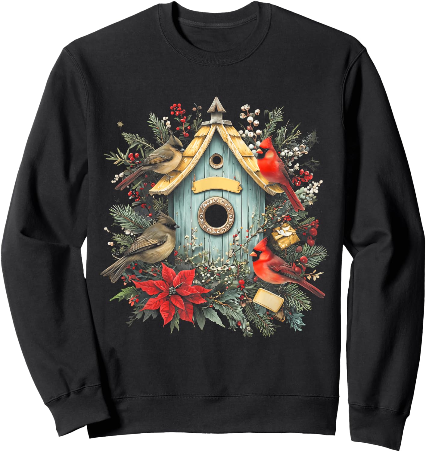 Birdhouse Cardinal Winter Birds Lover Christmas Birdwatcher Sweatshirt - Sweatshirt | Black