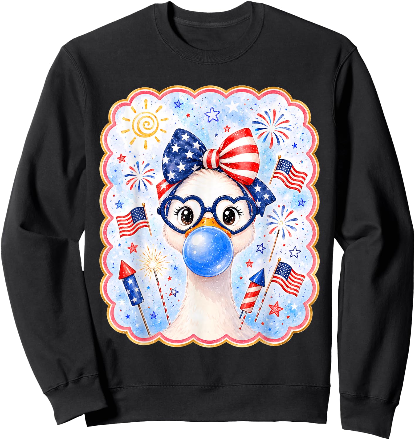 Cute Goose Bubble Gum Bow USA America Flag 4th of July Girl Sweatshirt - Sweatshirt | Black