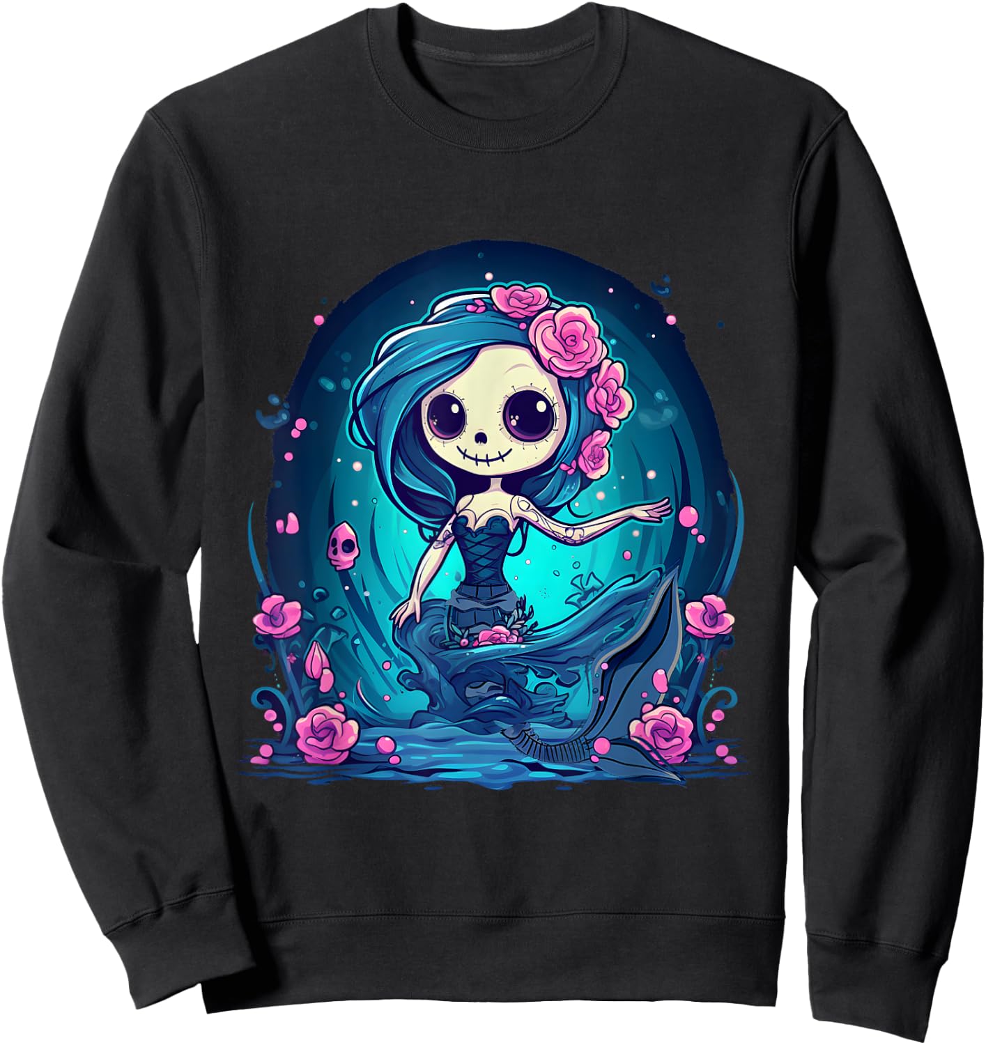 Cute Skeleton Mermaid Halloween Sweatshirt - Sweatshirt | Black