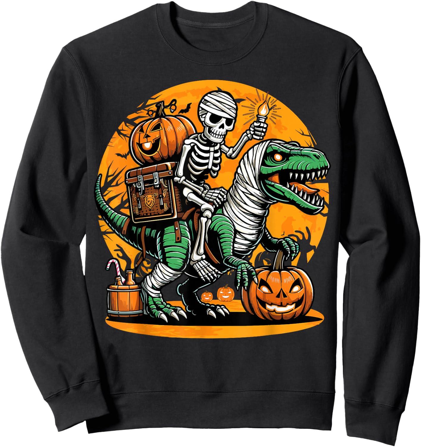 Skeleton Riding Mummy Dinosaur Pumpkin Spooky Trex Halloween Sweatshirt - Sweatshirt | Black