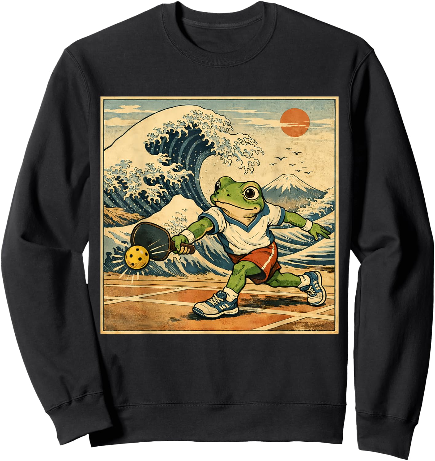 Japanese Traditional Retro Waves Mountain Pickleball Frog Sweatshirt - Sweatshirt | Black