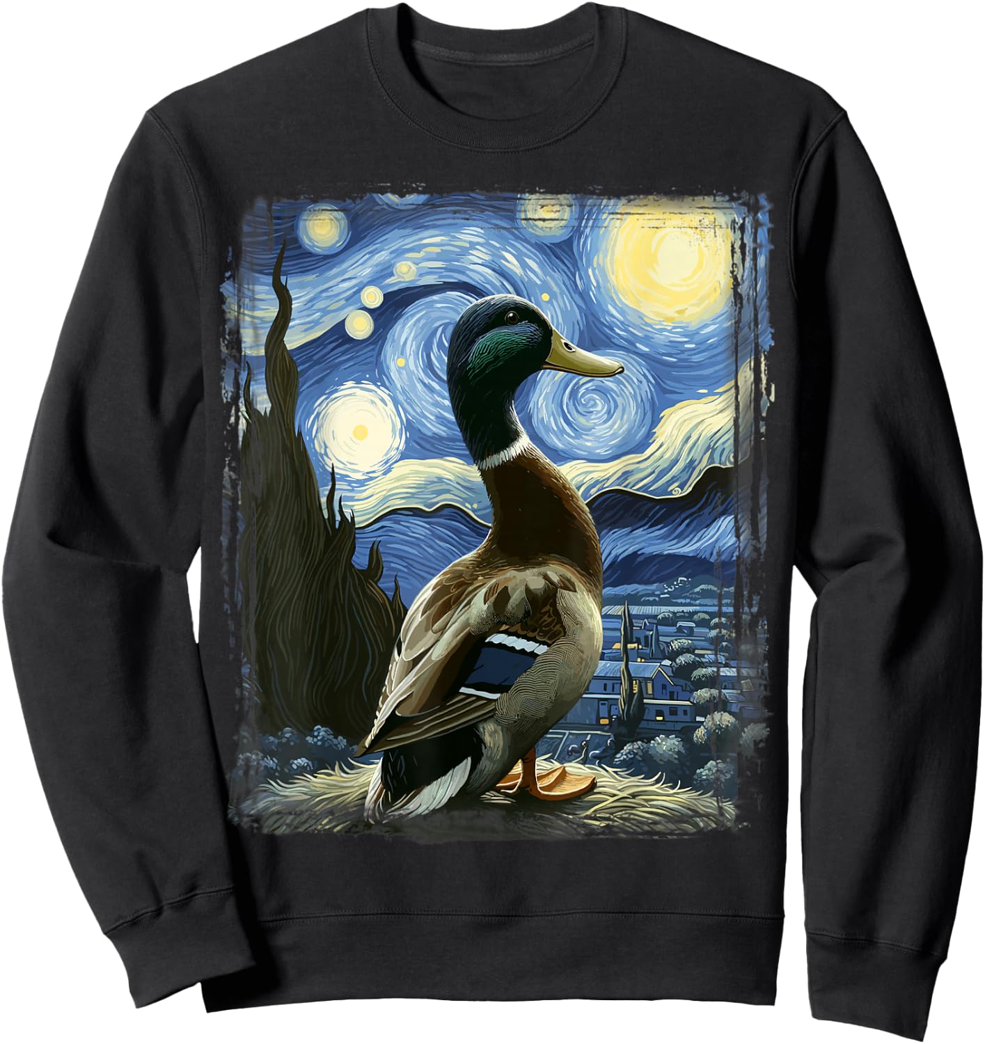 Duck Star Gazer - Artistic Van Gogh Style Starry Night Duck Sweatshirt - Sweatshirt | Black